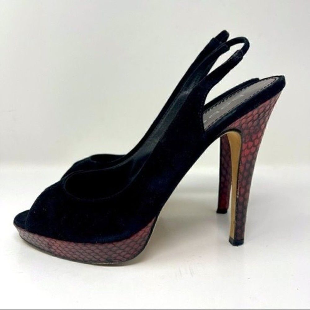 Bebe platform sling back heels black suede red snake skin stiletto 9B BoxD